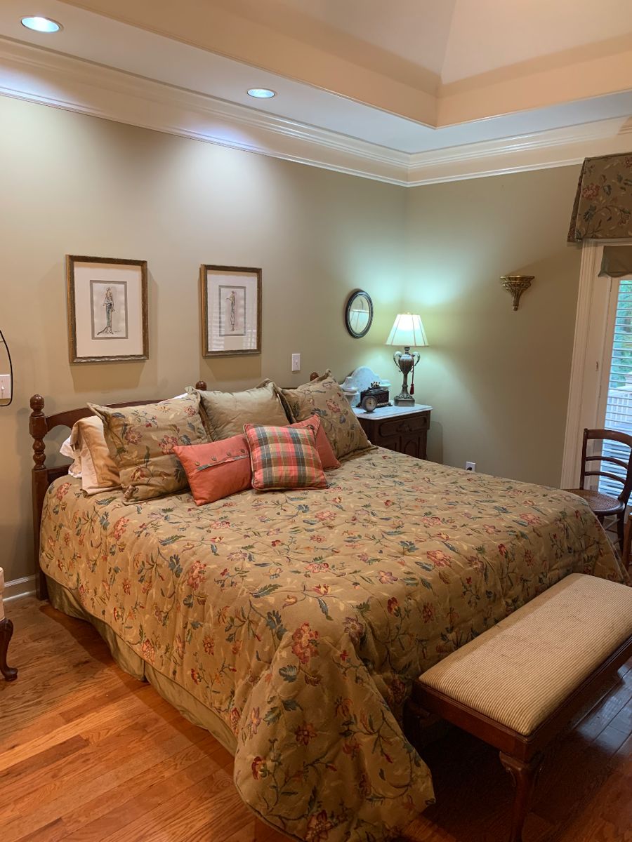 King bed; linen to sell as set with curtain valance; bench