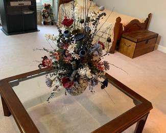 Glass top coffee table; silk floral -large