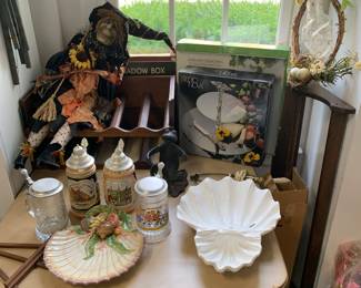Steins; wood racks, tidbit trays, Fitz and Floyd