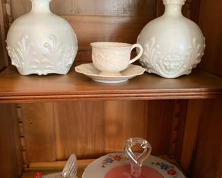 Milk glass barber bottles; hen on nest, painted glass
