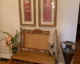 Victorian bench, large brass urn, silk floral, modern wall art
