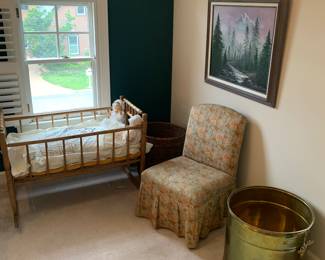 Antique cradle; vaity chair; enromous brass planter, oil painting