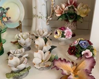 Porcelain flowers -multiple makers; chocolate pot
