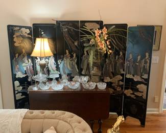 6 panel Chinoiserie black lacquer screen