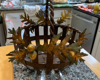 Large metal basket with acorns and oak leaves