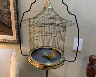 Brass bird cage on stand