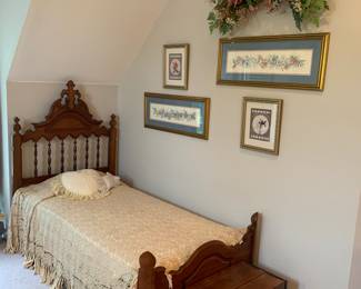 Victorian single bed; truk, wall art, silk flowers