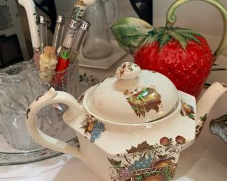 Staffordshire tea pot; Italian strawberry pitcher