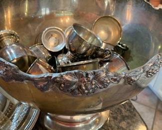 Silver plate punch bowl and cups