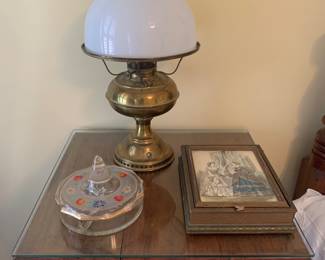 Brass lamp, milk glass shade