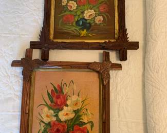 Antique oil paintings in antique walnut frames