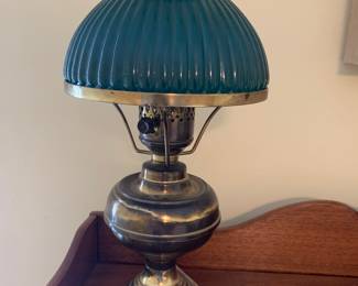 Brass lamp with green shade -small size, antique