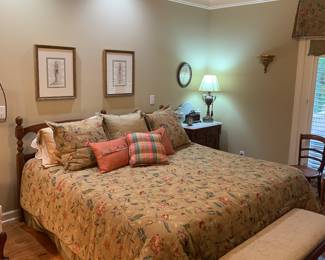 King bed; linen to sell as set with curtain valance; bench