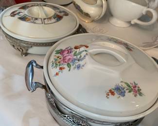 casseroles with silver plate carriers