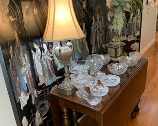 6 panel screen, gate leg table, crystal bowl, nappy collection