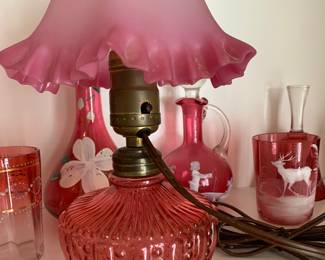 Cranberry fairy lamp; Mary Gregory; painted cranberry glass