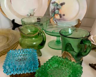 Green Victorian and Depression glass, mis Century flass, hand painted plates