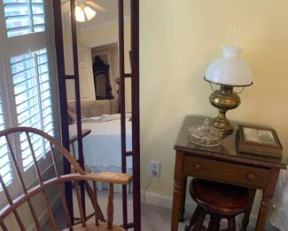 Oak chair; piano stool; one drawer work table; floor mirror; brassk lamp