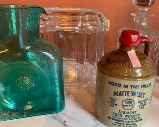 Platte Valley whiskey jug; Blenko; acryllic ice bucket