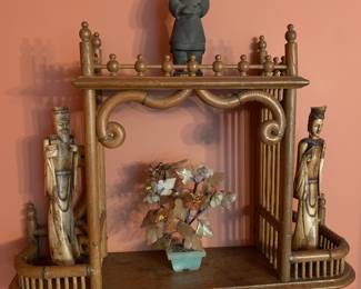 Asian stone/ carved/pottery, wooden shelf