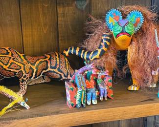 Oaxacan hand-carved + painted animals and alebrijes from numerous carvers, including: “Autor” Armando Jimenez (grandson of master carver Manuel Jimenez) + his wife Antonia and Victor Aguilar.