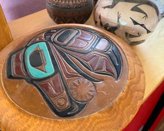 Wooden carved bowl with lid featuring eagle design by Steven Evans (Inuit).