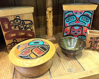 Northwest coast boxes + ceramic bowl