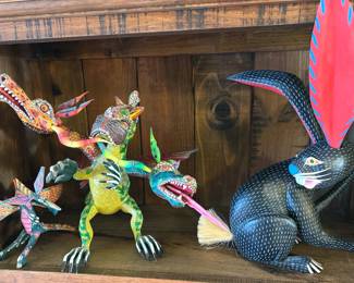 Oaxacan hand-carved + painted animals and alebrijes from numerous carvers, including: “Autor” Armando Jimenez (grandson of master carver Manuel Jimenez) + his wife Antonia and Victor Aguilar.