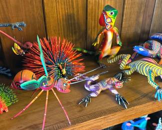 Oaxacan hand-carved + painted animals and alebrijes from numerous carvers, including: “Autor” Armando Jimenez (grandson of master carver Manuel Jimenez) + his wife Antonia and Victor Aguilar.