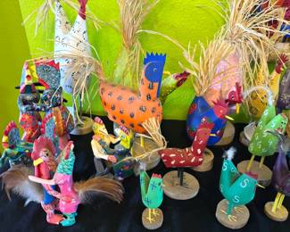 Wood carved chickens from Navajo artists Jim + Jeeie John, Darene Herbet as well as Mexican artists.