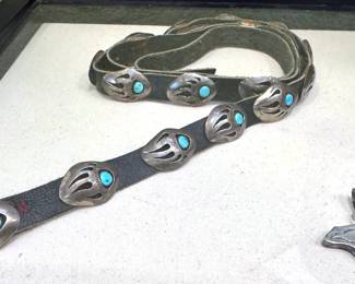 Sterling silver bear paw concho belt + bear pendant with inlaid stones.