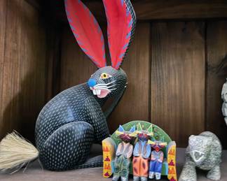 Oaxacan hand-carved + painted animals and alebrijes from numerous carvers, including: “Autor” Armando Jimenez (grandson of master carver Manuel Jimenez) + his wife Antonia and Victor Aguilar.