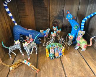 Oaxacan hand-carved + painted animals and alebrijes from numerous carvers, including: “Autor” Armando Jimenez (grandson of master carver Manuel Jimenez) + his wife Antonia and Victor Aguilar.
