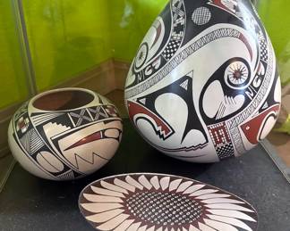 Mata Ortiz pieces in the back, front dish by Amelia Martinez, Hopi.