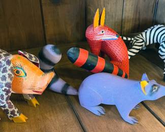 Oaxacan hand-carved + painted animals and alebrijes from numerous carvers, including: “Autor” Armando Jimenez (grandson of master carver Manuel Jimenez) + his wife Antonia and Victor Aguilar.