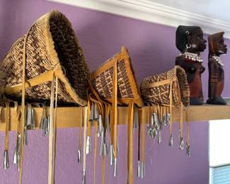 Native American burden baskets + African carved figures