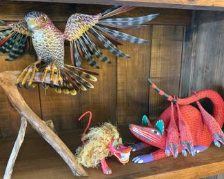 Oaxacan hand-carved + painted animals and alebrijes from numerous carvers, including: “Autor” Armando Jimenez (grandson of master carver Manuel Jimenez) + his wife Antonia and Victor Aguilar.