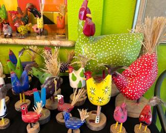Wood carved chickens from Navajo artists Jim + Jeeie John, Darene Herbet as well as Mexican artists.