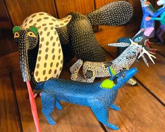Oaxacan hand-carved + painted animals and alebrijes from numerous carvers, including: “Autor” Armando Jimenez (grandson of master carver Manuel Jimenez) + his wife Antonia and Victor Aguilar.