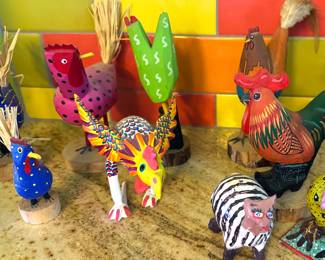Wood carved chickens from Navajo artists Jim + Jeeie John, Darene Herbet as well as Mexican artists.