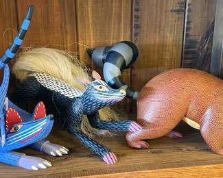 Oaxacan hand-carved + painted animals and alebrijes from numerous carvers, including: “Autor” Armando Jimenez (grandson of master carver Manuel Jimenez) + his wife Antonia and Victor Aguilar.