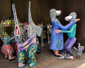 Oaxacan hand-carved + painted animals and alebrijes from numerous carvers, including: “Autor” Armando Jimenez (grandson of master carver Manuel Jimenez) + his wife Antonia and Victor Aguilar.