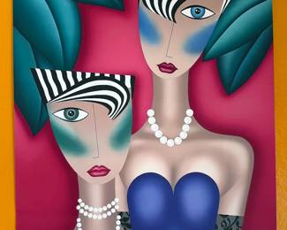 Modern art deco-style paintings and lithographs by Robin Morris. 