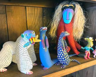 Oaxacan hand-carved + painted animals and alebrijes from numerous carvers, including: “Autor” Armando Jimenez (grandson of master carver Manuel Jimenez) + his wife Antonia and Victor Aguilar.