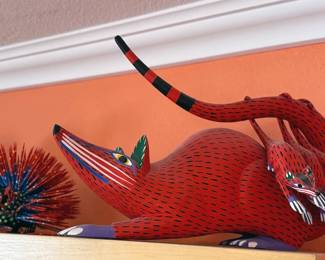 Oaxacan hand-carved + painted animals and alebrijes from numerous carvers, including: “Autor” Armando Jimenez (grandson of master carver Manuel Jimenez) + his wife Antonia and Victor Aguilar.