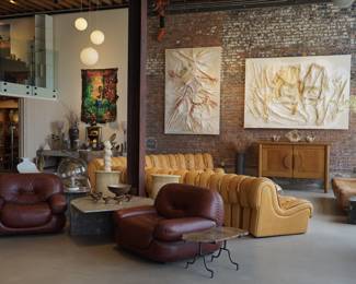Vintage Leather Seating, Italian Modular Sofa, Mid-Century Credenza, and Art