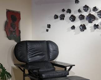 Postmodern Black Leather Lounge Chair + Ottoman