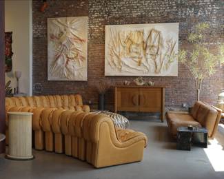 Vintage Leather Seating, Italian Modular Sofa, Mid-Century Credenza, and Art