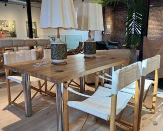 Vintage Wood + Chrome Postmodern Dining Table with Canvas and Wood Chairs