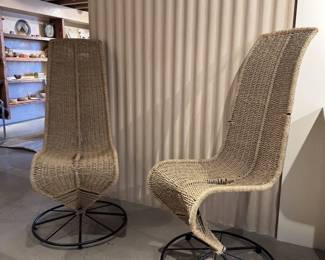 Pair of Sculptural Woven Rattan High-Back Swivel Chairs